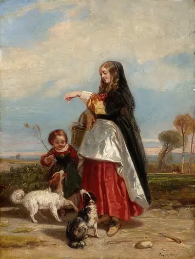 Женщина и ребенок с собаками by Камиль-Жозеф-Этьен Рокплан, c. 1848 — digital art print download