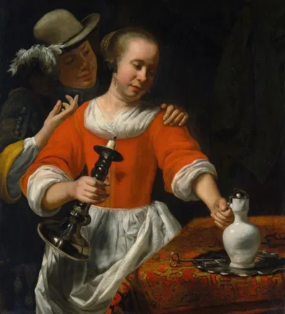 A Young Woman and a Cavalier by Cornelis Bisschop — digital art print download
