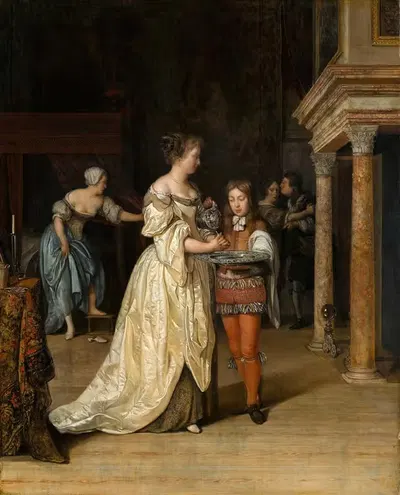 Интерьер с женщиной, моющей руки by Эглон ван дер Нер, 1675 — digital art print download
