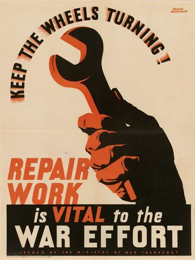 Keep the Wheels Turning! Repair Work is Vital to the War Effort by Frank Newbould — digital art print download