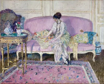 Женщина, сидящая на диване в интерьере by Фредерик Карл Фризеке — digital art print download