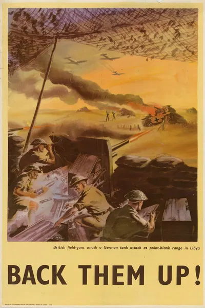 British Field-Guns Smash a German Tank Attack at Point-Blank Range in Libya – Back Them Up! by Harold Pym — digital art…