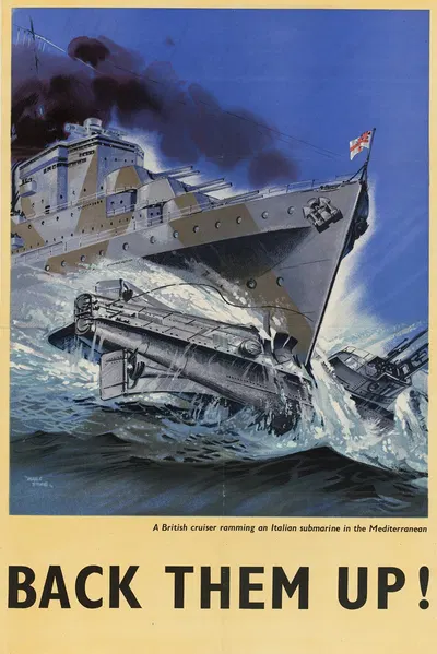 A British Cruiser Ramming an Italian Submarine in the Mediterranean – Back Them Up! by Marc Stone — digital art print…