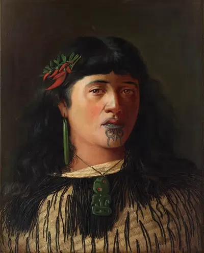 Portrait of a young Maori woman with moko by Louis John Steele, 1891 — digital art print download
