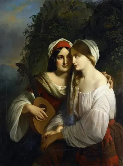 Two young women in Italian costume by Moritz Calisch, 1851 — digital art print download