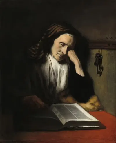 Старая женщина, дремлющая над книгой by Николаес Маес, c. 1655 — digital art print download