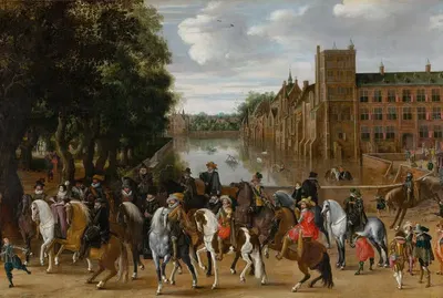 The Princes of Orange and their Families on Horseback, Riding Out from The Buitenhof, The Hague by Pauwels van Hillegaert —…