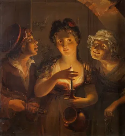 Girl Holding a Candle Standing between a Fiddler and an Old Woman by Pehr Berggren, 1830 — digital art print download