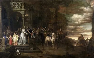 The Leavetaking of Captain Hendrik de Sandra, sent off by his Wife and Children by Pieter van Anraedt, 1661 — digital art…