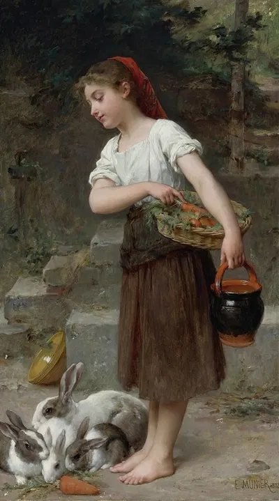 Feeding The Rabbits by Émile Munier, 1888 — digital art print download