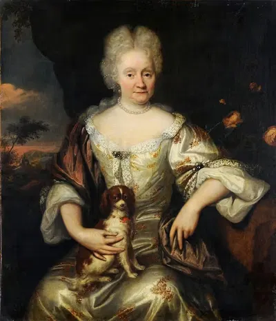 Portrait Of A Lady With A Lap Dog by Reinier De La Haye, 1697 — digital art print download