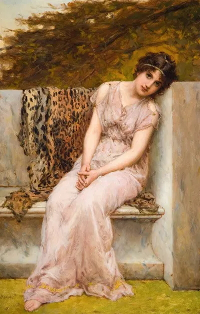 Портрет молодой женщины, сидящей на мраморном сиденье by Уильям Оливер, 1882 — digital art print download