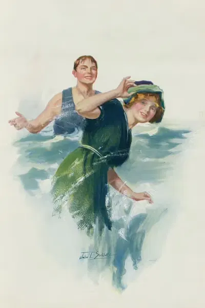 Молодой человек, брызгающий воду на молодую женщину на пляже by Джон Е. Сатклифф, 1913 — digital art print download