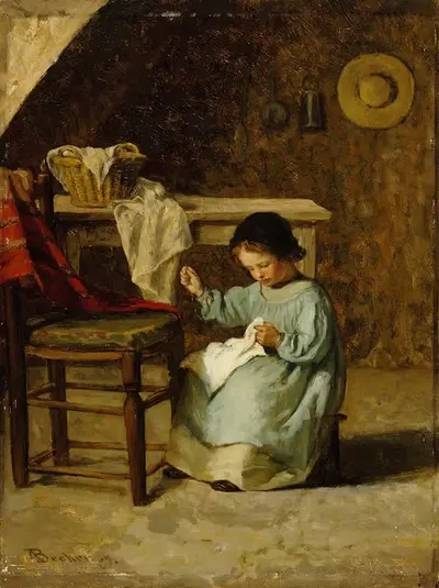 Девушка шьет by Адольф фон Беккер, 1869 — digital art print download
