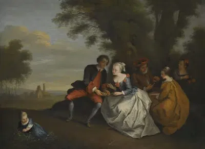 An Elegant Company Seated Outdoors With A Couple Looking At A Bird's Nest by Circle Of Bonaventure De Bar — digital art…