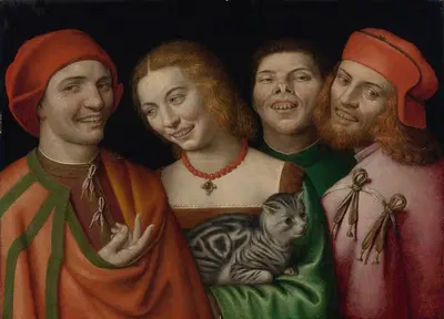 Three Men With a Woman Holding A Cat by Giovanni Paolo Lomazzo — digital art print download