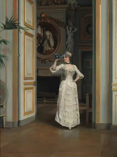 Woman With A Bird At The Castle Of Maison Laffitte by Gunnar Berndtson, 1882 — digital art print download