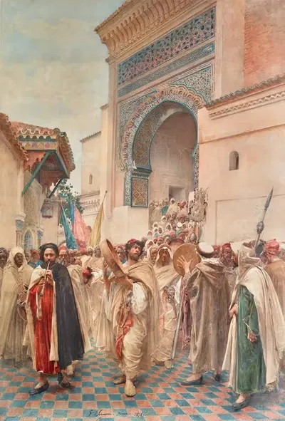 Celebration Outside The mosque Of Sidi Boumediene, tlemcen by Gustavo Simoni, 1898 — digital art print download