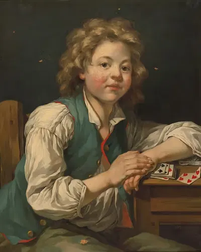 A Boy, Seated Beside A table With Cards by Jean-Baptiste Charpentier — digital art print download