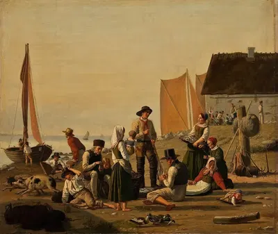 Сцена в рыбацком поселке (Тарбек) на Зеландии by Юлий Фридлендер, 1839 — digital art print download