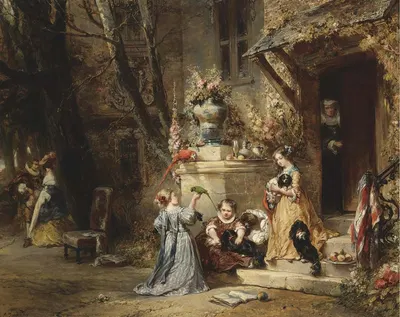 Дети играют с любимыми питомцами by Эжен Изабе, 1846 — digital art print download
