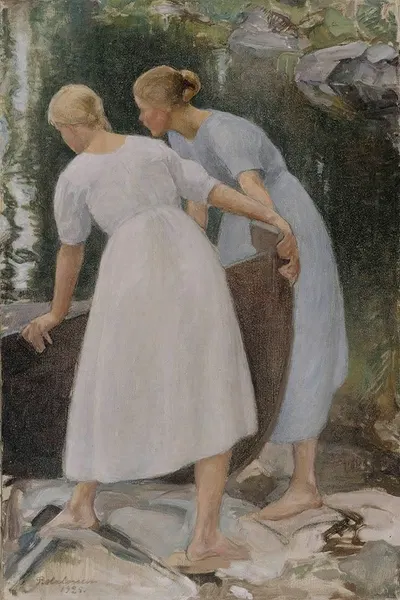 Girls Pushing A Boat by Pekka Halonen, 1925 — digital art print download