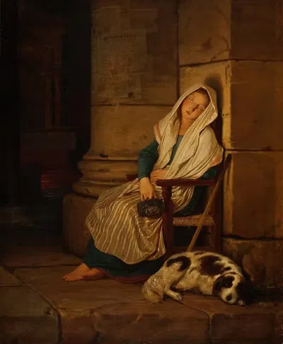 Sleeping Italian Beggar Girl In A Roman Church by Philipp von Foltz, 1836 — digital art print download