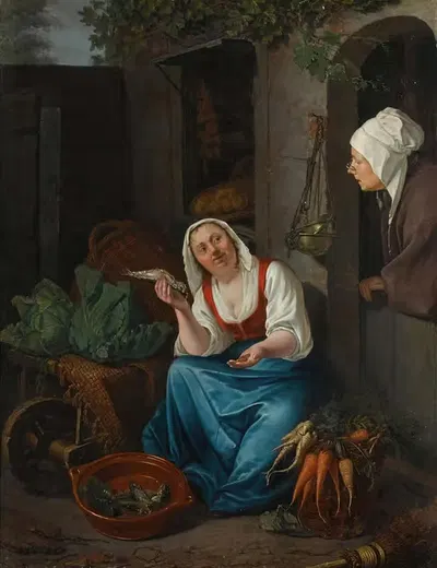 Молодая женщина, продающая рыбу и овощи by Питер Кристоффель Вондер — digital art print download