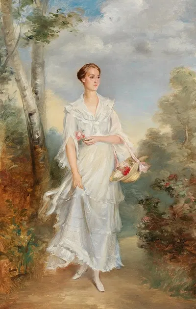 Portrait of a Young Lady with a Basket of Flowers by Adolf Pirsch — digital art print download
