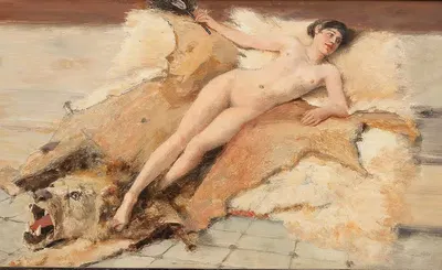Female Nude on a Lion Pelt by Albert von Keller — digital art print download