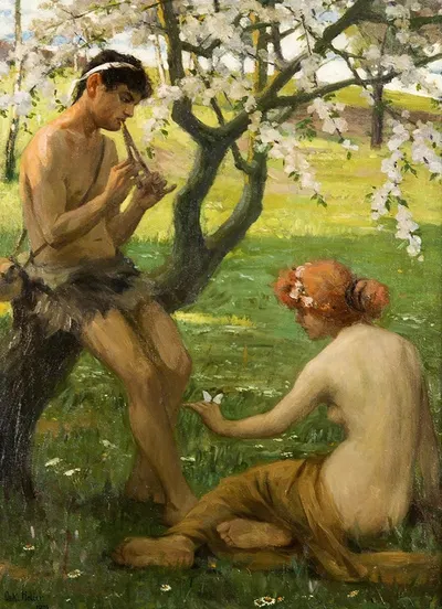 Весна, пара в яблоневом саду by Оскар Хеллер — digital art print download