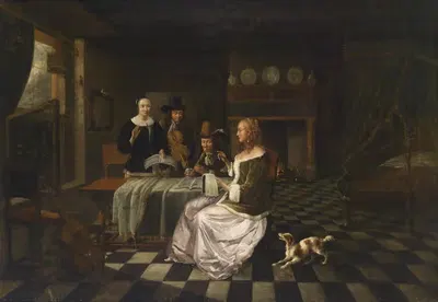 Bürgerliches Interieur mit vier Personen by Pieter de Hooch (circle) — digital art print download