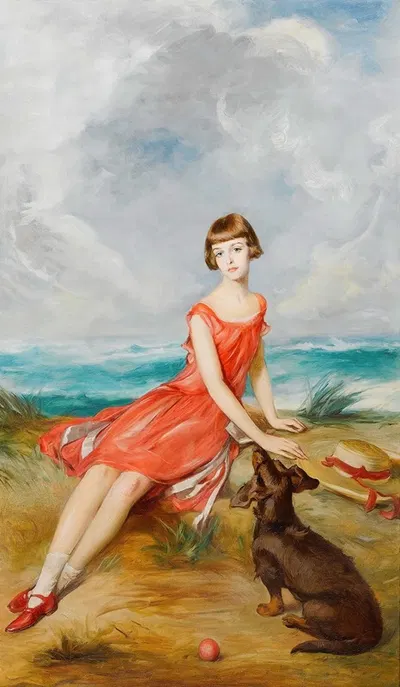 Портрет молодой девушки с собакой у моря by Адольф Пирш — digital art print download
