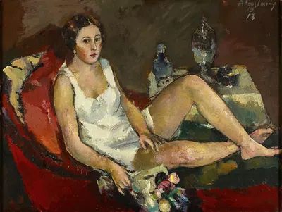 Молодая женщина на красном диване by Антон Файстауэр, 1913 — digital art print download
