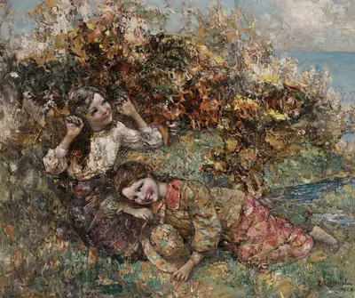Девочки, собирающие дикие цветы by Эдвард Аткинсон Хорнел, 1918 — digital art print download