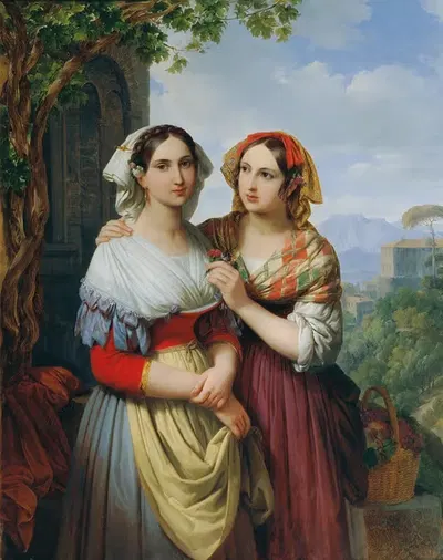 Две девушки на ландшафтном фоне by Иоганн Непомук Эндор, 1842 — digital art print download