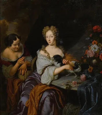 Портрет дамы с собакой и горничной by Михиел Ван Муссхер, 1686 — digital art print download