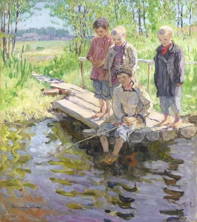 Маленькие мальчики, жаждущие улова by Николай Богданов-Бельский — digital art print download