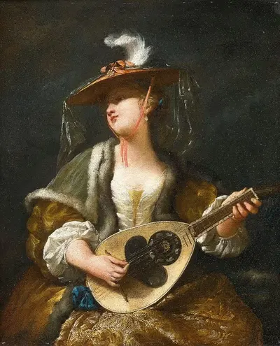 A Lady Playing A Mandolin by Jean Barbault — digital art print download
