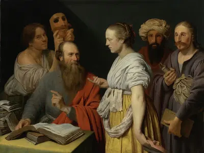 A Scholar In His Study With Figures With Masks, Possibly An Allegory by Willem van der Vliet, 1627 — digital art print…