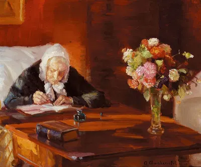 Ane Hedvig Brøndum siddende ved sit skrivebord i den røde stue by Anna Ancher, 1910 — digital art print download