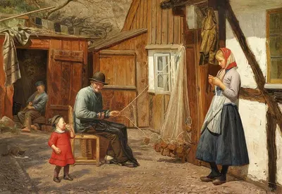 Ung pige i samtale med en fisker, der bøder garn uden for et hus by August Schiøtt — digital art print download
