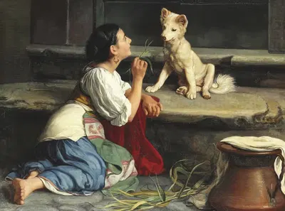 Молодая итальянка, играющая с собакой by Аксель Хелстед, 1872 — digital art print download