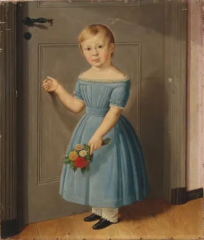 Девочка стучит в дверь, держа в руках букет цветов by Карл Гус, 1843 — digital art print download