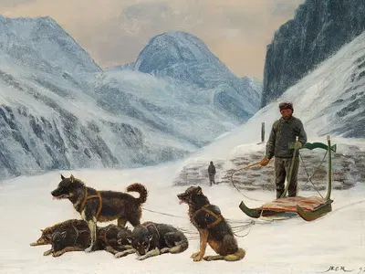 Гренландец отдыхает у своей собачьей упряжки by Карл Расмуссен, 1893 — digital art print download