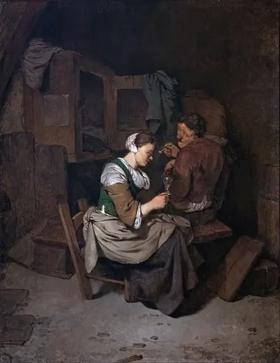 Woman with wineglass and two male peasants by Cornelis Pietersz. Bega — digital art print download