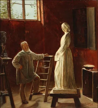 H.W. Bissen betragter sin statue af Johanne Louise Heiberg by Edvard Bentzen, 1893 — digital art print download