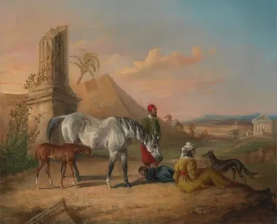 Grey Arabian mare and foal, with a family by George Henry Laporte — digital art print download