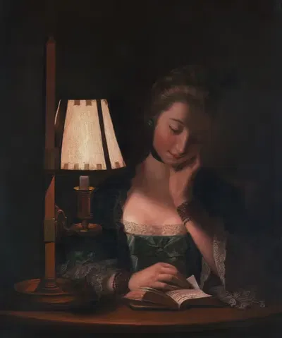 Женщина, читающая под абажуром из бумаги by Генри Роберт Морленд — digital art print download