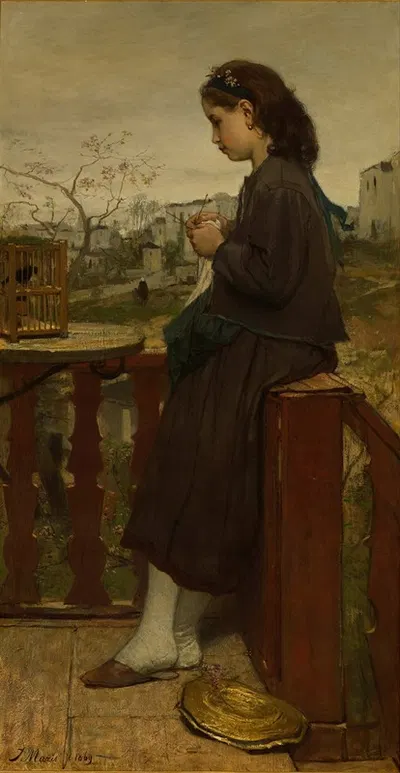 Girl knitting on a balcony, Montmartre by Jacob Maris — digital art print download